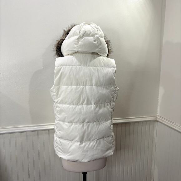 Lands End Size M Puffer Vest Down Feather Fill Removable Hood Faux Fur Trim - Picture 6 of 15